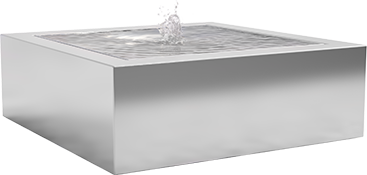 Een kubusvormig waterelement in rvs met een breedte en diepte van 120 cm.